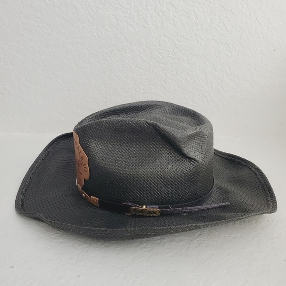 Rocha Hats Unitalla Western Cowboy Black Straw Hat Leather Tequila Patch - Picture 4 of 15